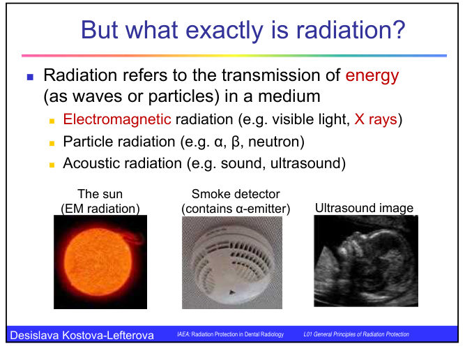 The sun as an electromagnetic radiation source, a smoke detector containing an alpha emitter, and an ultrasound image, shown as examples of radiation in the three groups