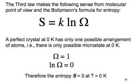 Third law from the molecular point of view: S = k ln Ω; a perfect crystal at 0 K has only one possible arrangement of atoms (one microstate), Ω = 1, ln Ω = 0, therefore S = 0 at T = 0 K