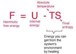 Helmholtz free energy F = U - TS: F Helmholtz free energy, U internal energy, T absolute temperature, S final entropy; the term is the energy you can get from the system's environment by heating
