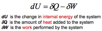 The first law: dU = δQ - δW, with dU the change in internal energy, δQ the heat added to the system and δW the work performed by the system
