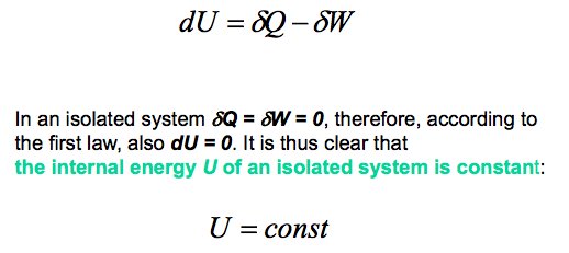 First law dU = δQ - δW; in an isolated system δQ = δW = 0, therefore dU = 0 and U = const