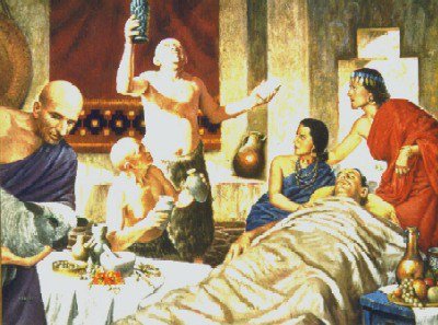 Painting of a physician beside a sick person lying in bed, with other people in the room