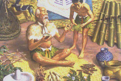 Painting of a man among herbs, plants and baskets, with clay pots beside him
