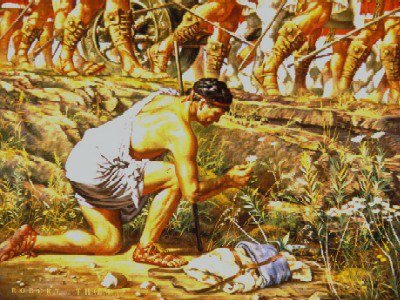 Painting of a man crouched low in a field of plants, with other people standing behind him