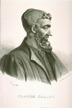 Engraved portrait of Claudius Galenus (Galen), a Greek physician, in a cap and dark coat