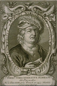 Engraving of Paracelsus, Philippus Theophrastus Bombastus von Hohenheim, in an oval frame with a decorative border