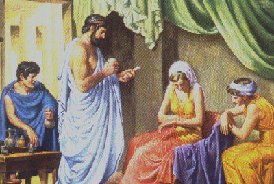 Painting of a physician in white robes beside seated patients in a Greek-style room