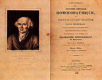 Title page of Hahnemann's book on homeopathic medicine (Organon of the art of healing), with an engraved portrait of Hahnemann and printed text in black