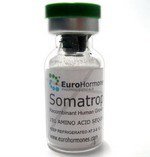 Vial of a biosynthetic drug, a recombinant human somatropin (growth hormone) in a glass vial with a green cap and a label