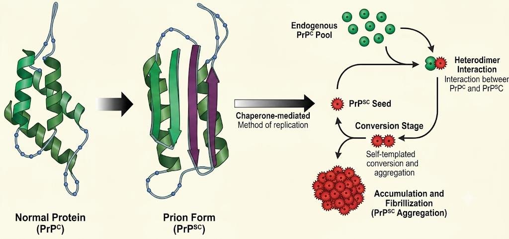 PrPC to PrPSc conversion: the alpha-helical normal prion protein converts to the beta-sheet-rich prion form, which forms a heterodimer with endogenous PrPC, seeds self-templated conversion and accumulates into a fibril aggregate