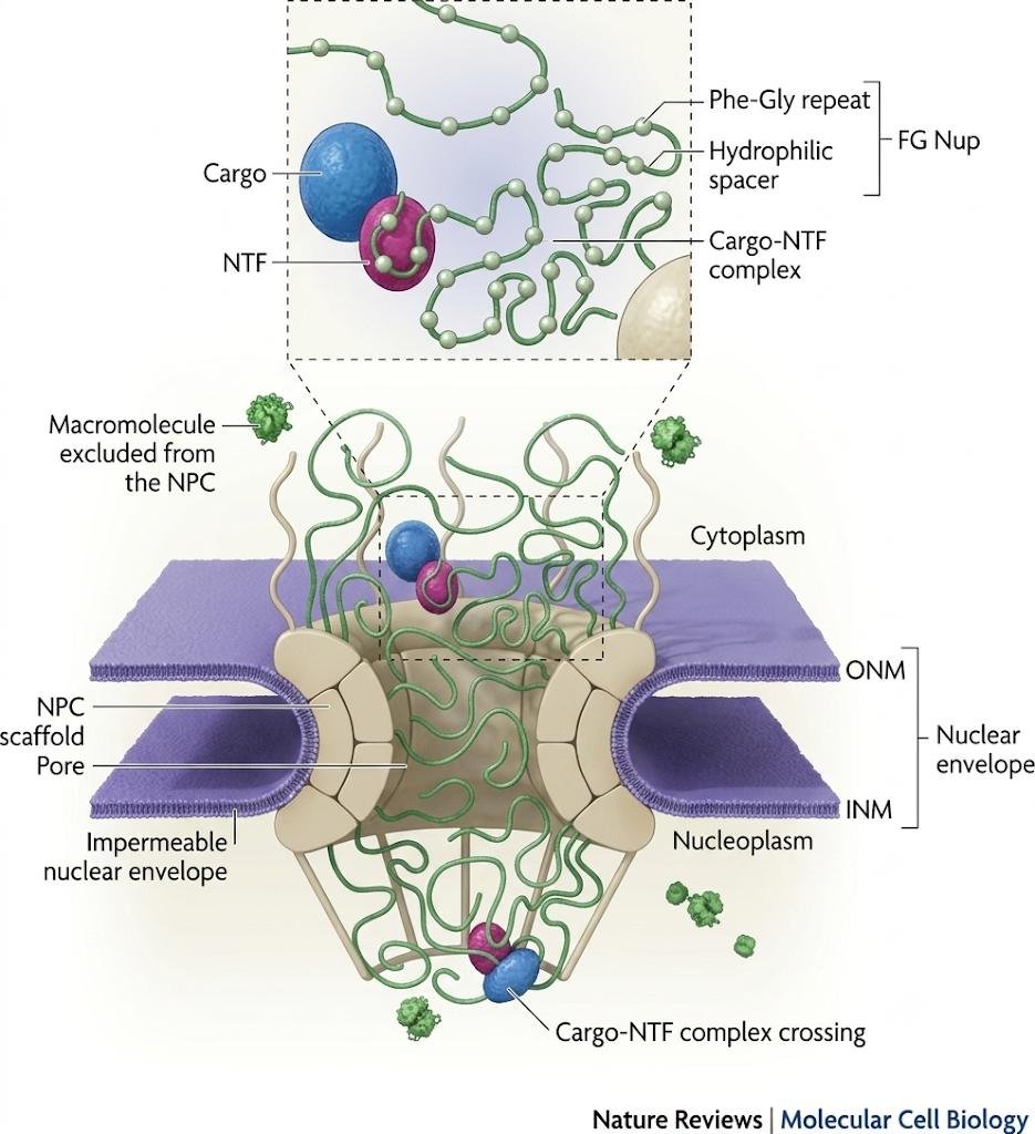 Nuclear pore complex cross-section: cargo bound to a nuclear transport factor crosses through the FG Nup meshwork of Phe-Gly repeats and hydrophilic spacers between the outer and inner nuclear membranes, while other macromolecules are excluded