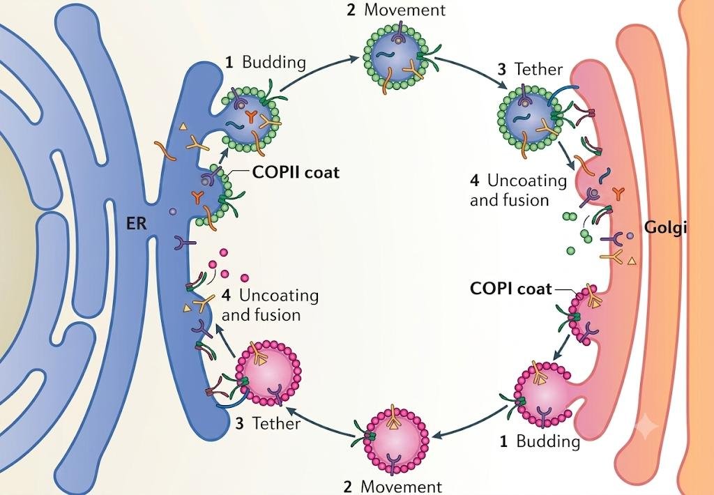 COPII and COPI vesicle cycles between ER and Golgi: COPII-coated vesicles bud, move, tether and uncoat from ER to Golgi, while COPI-coated vesicles bud, move, tether and uncoat in the reverse direction, from Golgi back to ER