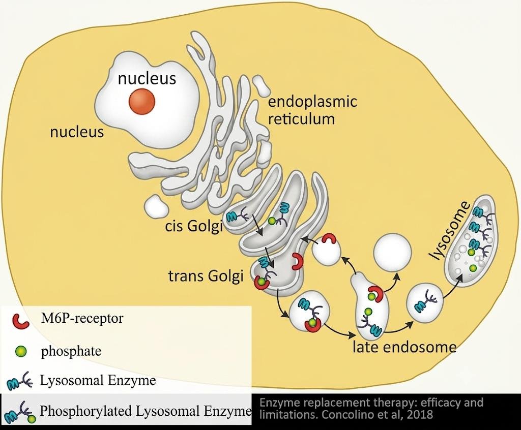 Mannose 6-phosphate pathway: lysosomal enzymes made in the ER are phosphorylated in the cis and trans Golgi, bind M6P receptors into a late endosome where low pH releases the enzyme and recycles the receptor to the Golgi, and the enzyme reaches the lysosome