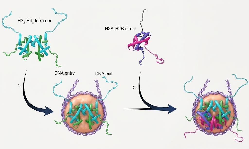 Nucleosome assembly: an H3-H4 tetramer binds DNA first at the entry and exit sites, then two H2A-H2B dimers are added to complete the nucleosome