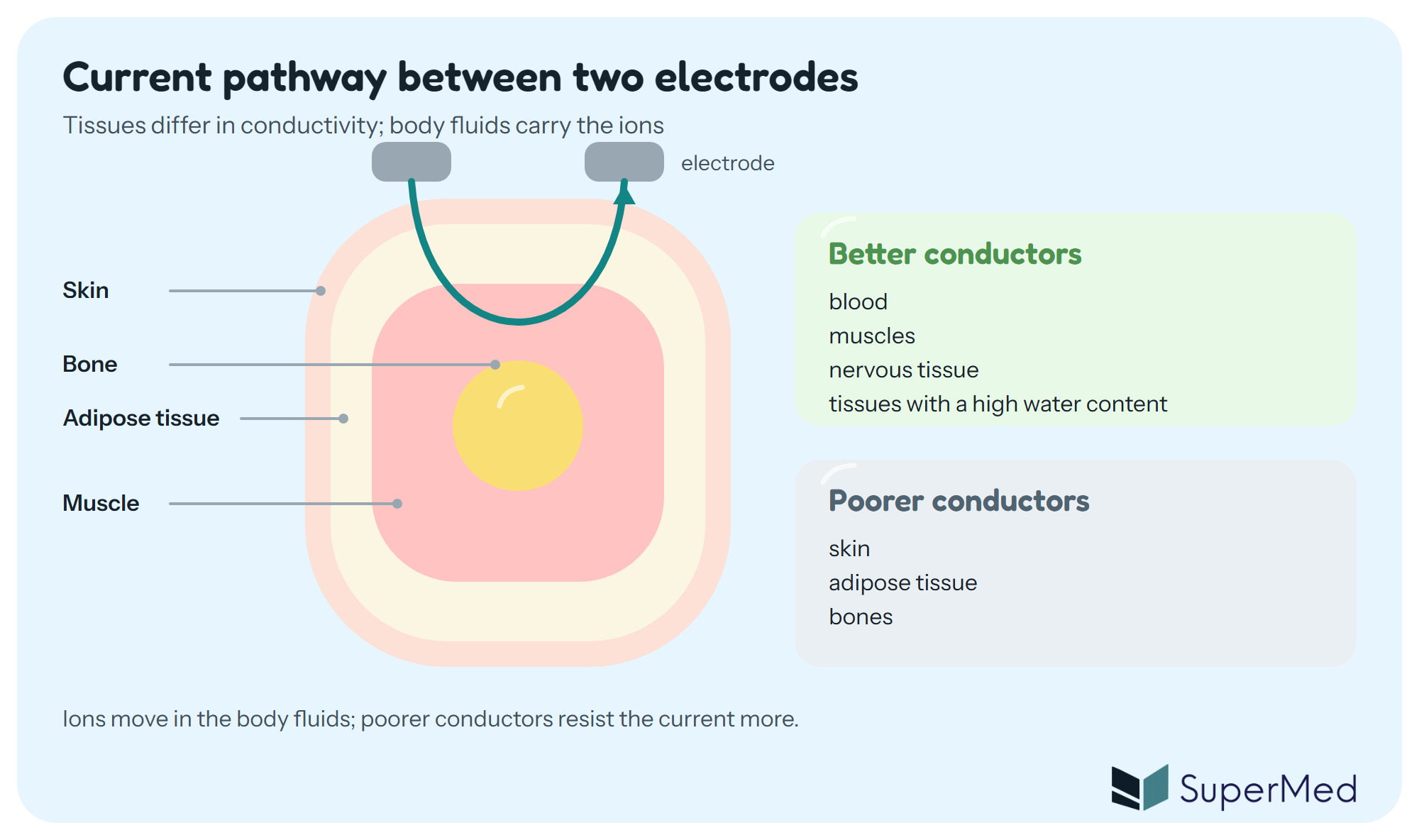 Limb cross-section with two electrodes on the skin, showing the current path through the better conducting tissues, with the better and poorer conductors listed